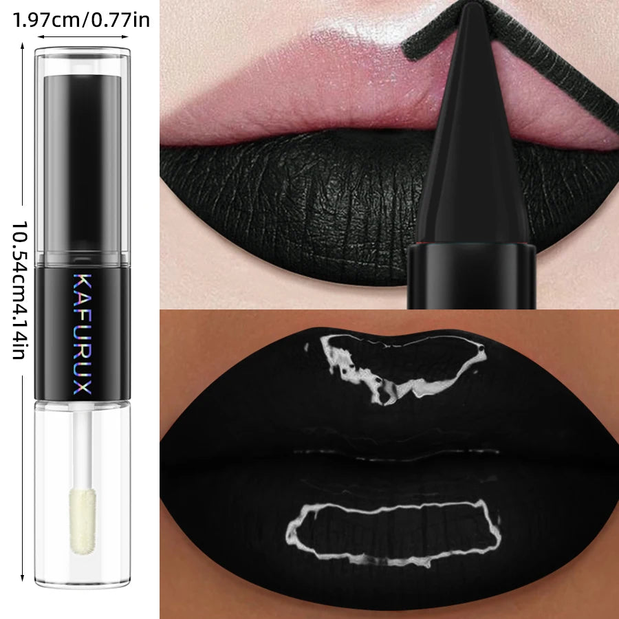Black Matte 2 In 1 Double Head Lipstick Lip Coat Set Waterproof Coat 24HR Korean Makeup Gifts High Pigment Lip Tint Plumper