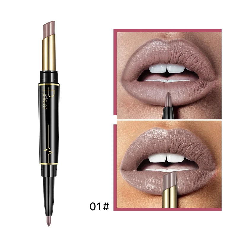 1pcs Matte Lip Liner & Lipstick, Double Ended Lip Pen Nude Makeup Tool, Long Lasting Color Rendering, Waterproof Lip Cosmetics