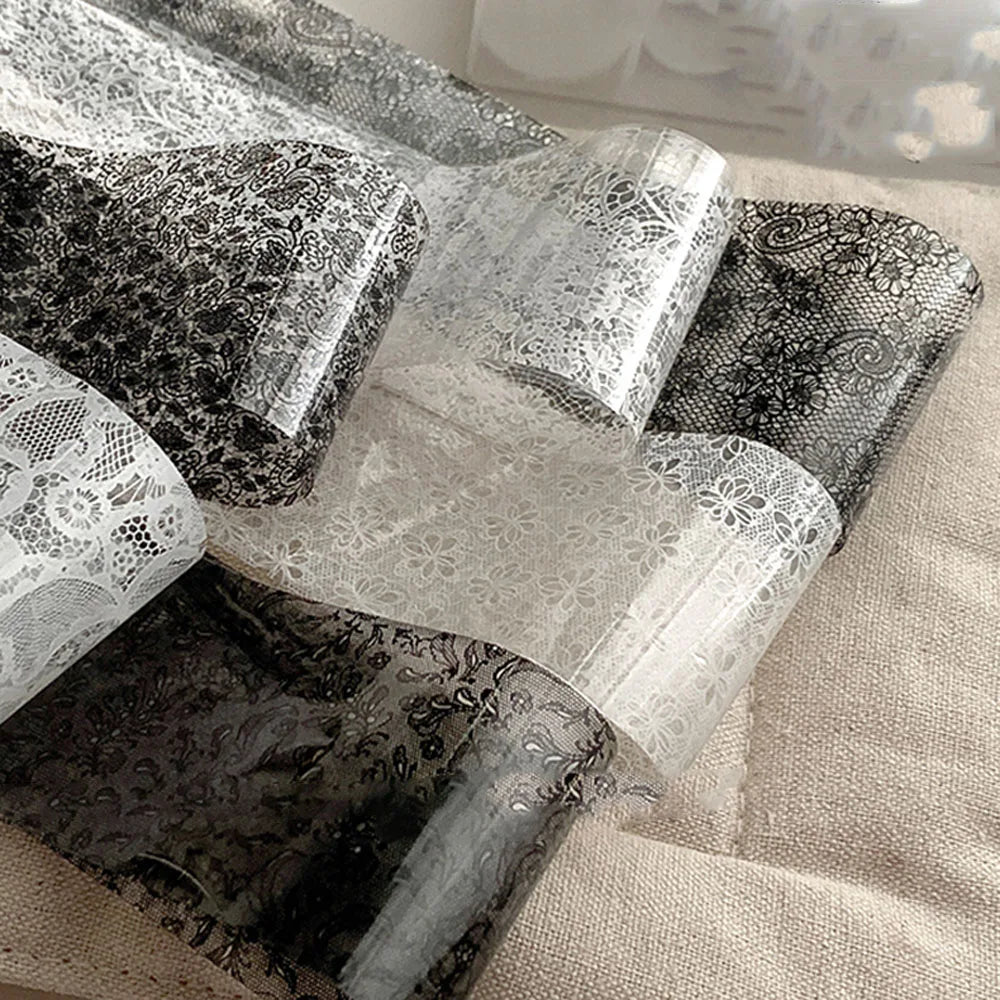 10Rolls/box White&Black Sexy Lace Flowers Nail Art Foils 4x25cm Lace Transfer Foils Starry Sky Paper DIY Women Lace Slider&*&