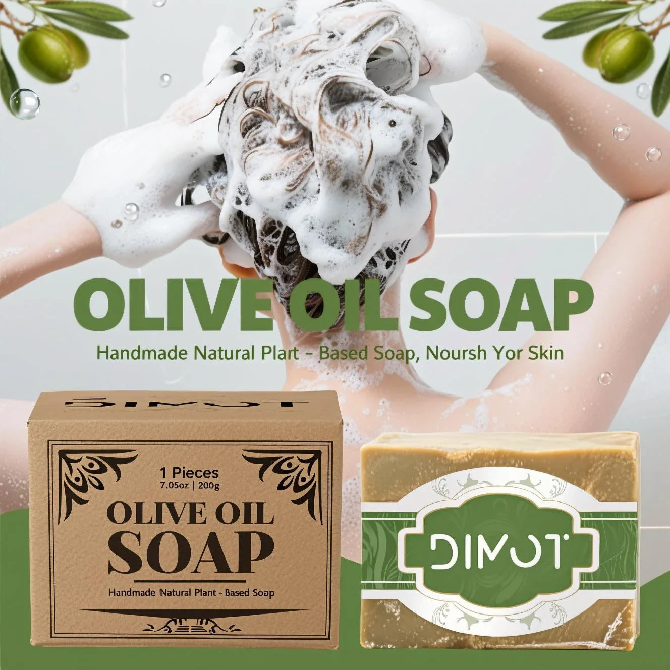 Olive Oil Soap Bar - Handmade Natural Plant-Based Soap for Face, Body & Hair, with Olive Fruit Oil, for Moisturizing 200g