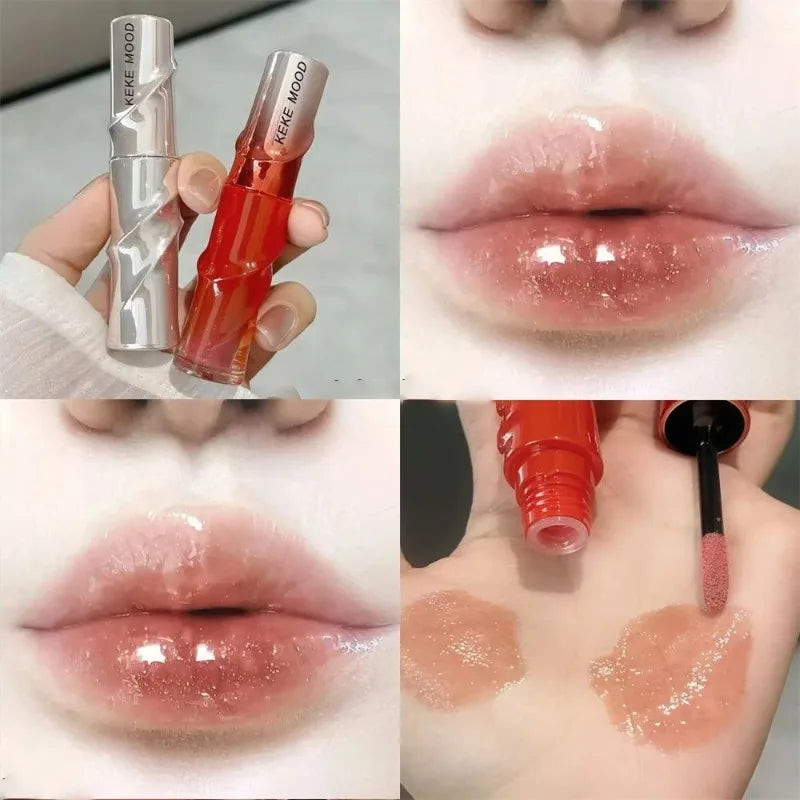 Crystal Nude Gray Lip Gloss Hydrating Mirror Korean Lip Glaze Sheer Nude Glitter Lip Tint Watery Shine Plumping Lipgloss Makeup