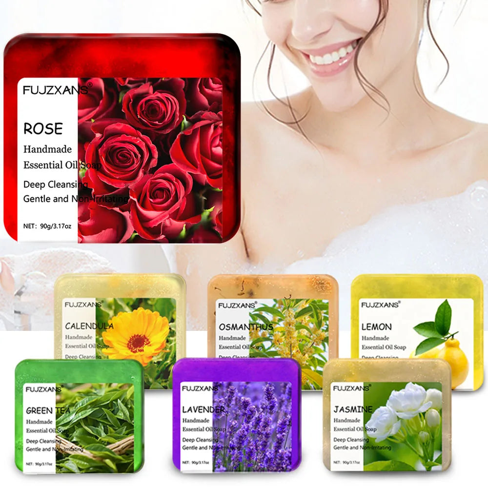 90g FUJZXANS Handmade Essential Oil Soap Bars - Rose, Jasmine, Green Tea, Calendula, Osmanthus, Lavender, Lemon - 7 Long-Lasting