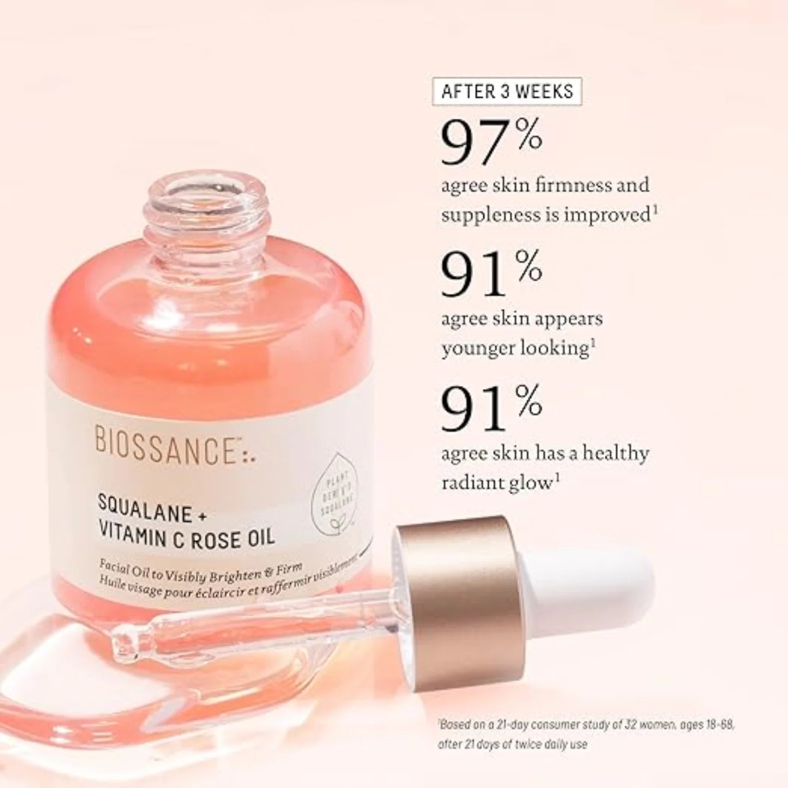 BIOSSANCE Squalane + Vitamin C Rose Advanced Facial Oil - Brightening, Firming, and Hydrating Serum for All Skin Types