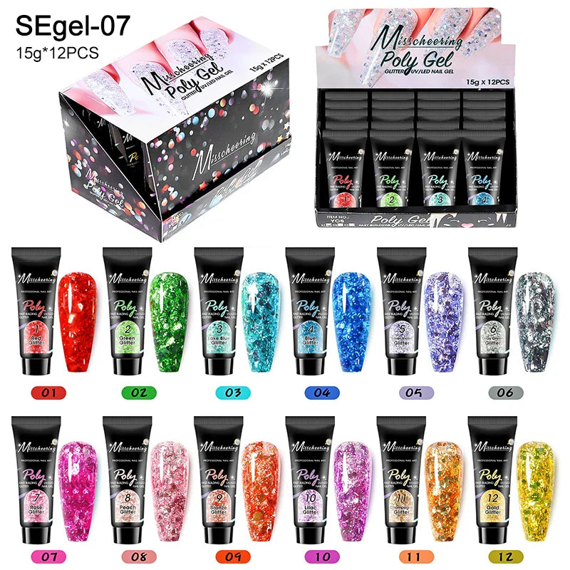 12pcs/set Extension Gel Nail Art Semi Permanent Acrylic Glitter Fluorescent Nude Colorful Fast Building Hybrid Varnish UV Nails