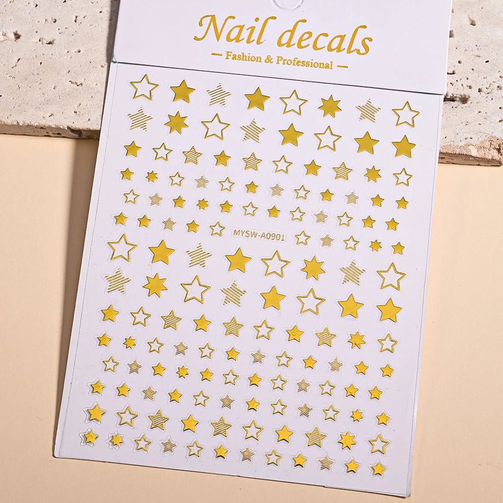 3D Gold Silver Star Nail Art Stickers Black White Crescent Moon Decals Self Adhesive Slider Polish Stickers Manicure Decoration