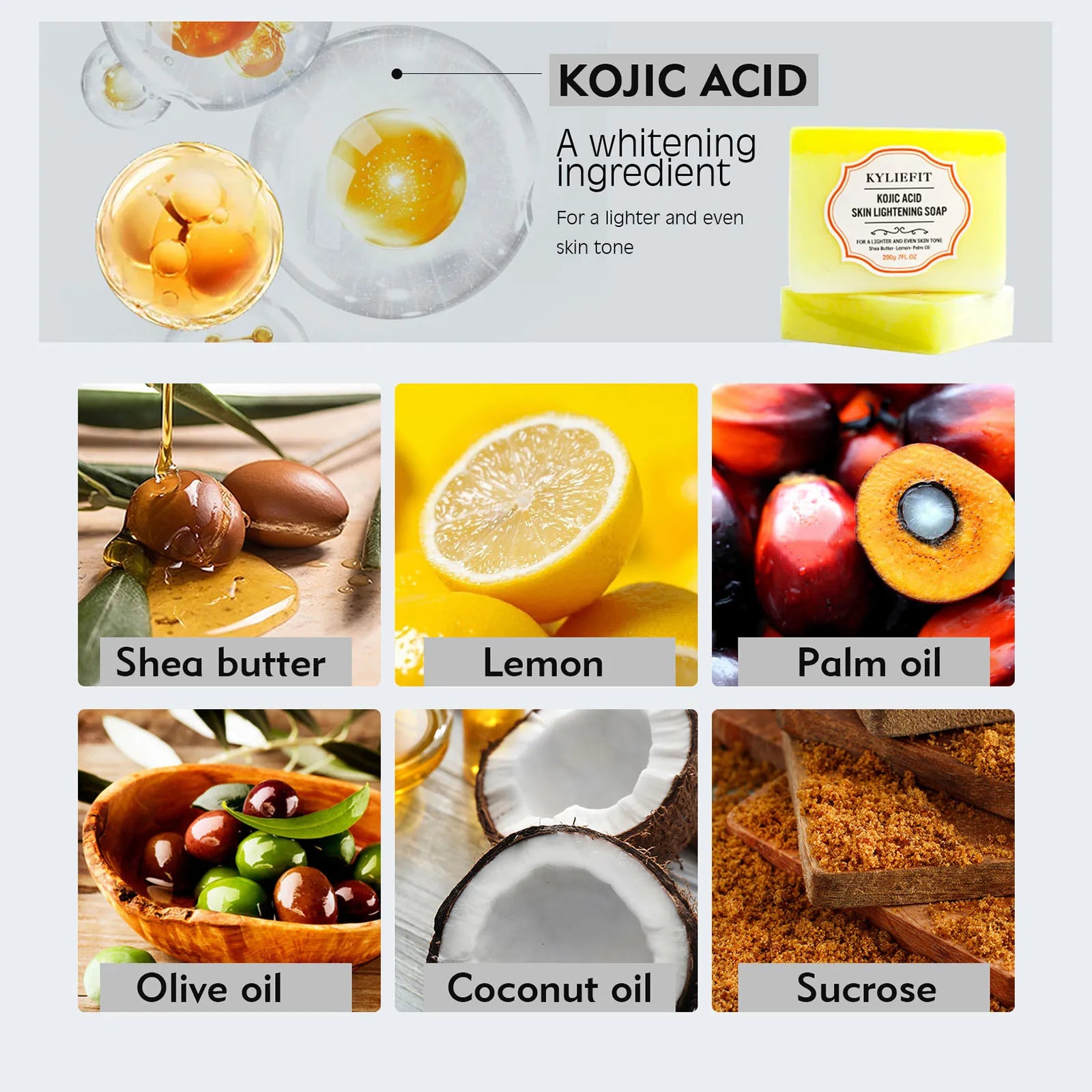 Kojic Acid Whitening & Dark Spot Remover Soap Bar, with Turmeric, Shea Butter, Coconut Oil, Lightening & Clean Skin, 200g/7 oz