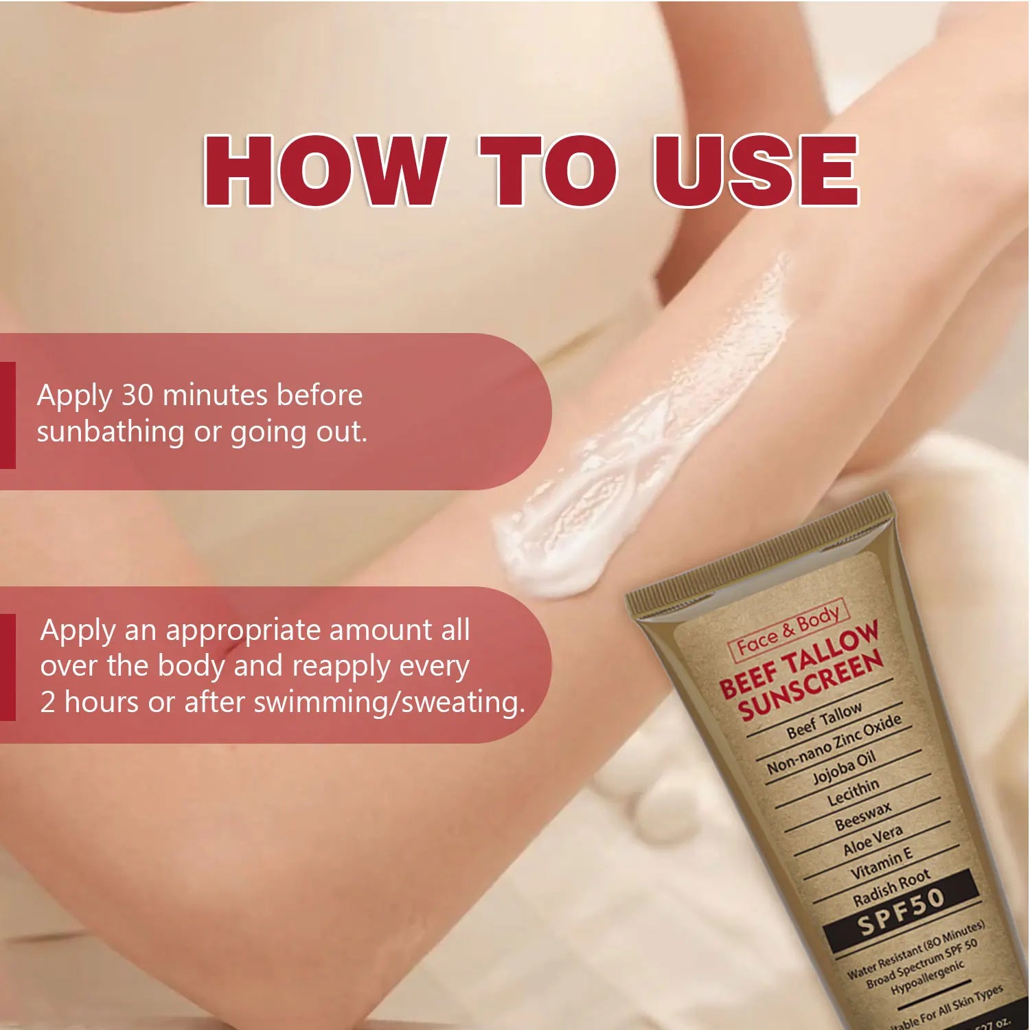 100g Organic Grass-Fed Beef Tallow Sunscreen SPF50 Long-lasting Sun Protection Face & Body Sunscreen Waterproof and Sweat-proof