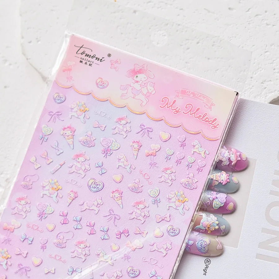 1PCS New Color Laser Hello Kitty Cartoon 5D Nail Stickers Sanrio Cinnamoroll Pochacco Nail Art Supplies DIY Nail Art Stickers
