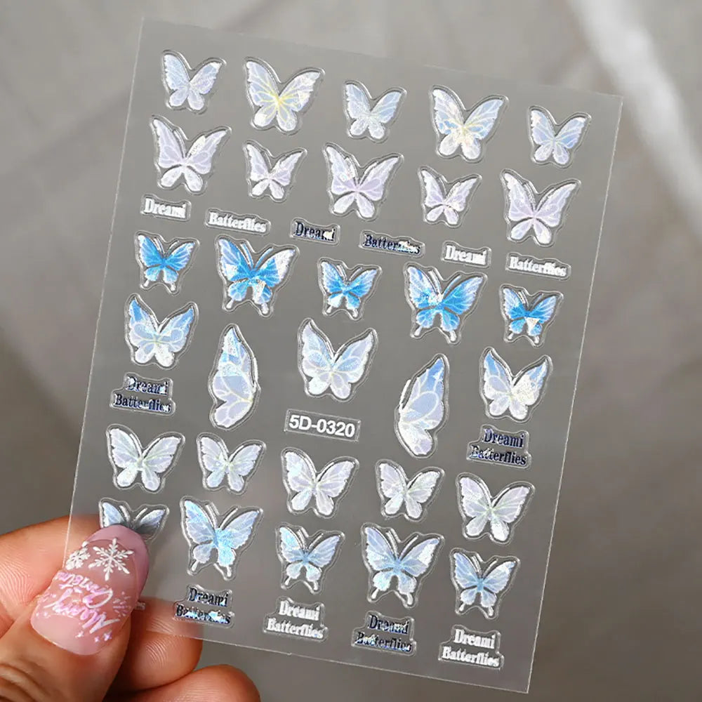 Pink Purple Aurora Shell Butterfly Nail Stickers Shiny Laser 3D Butterflies Nail Decals 8*10cm Adhesive Aurora Shell Butterfly N