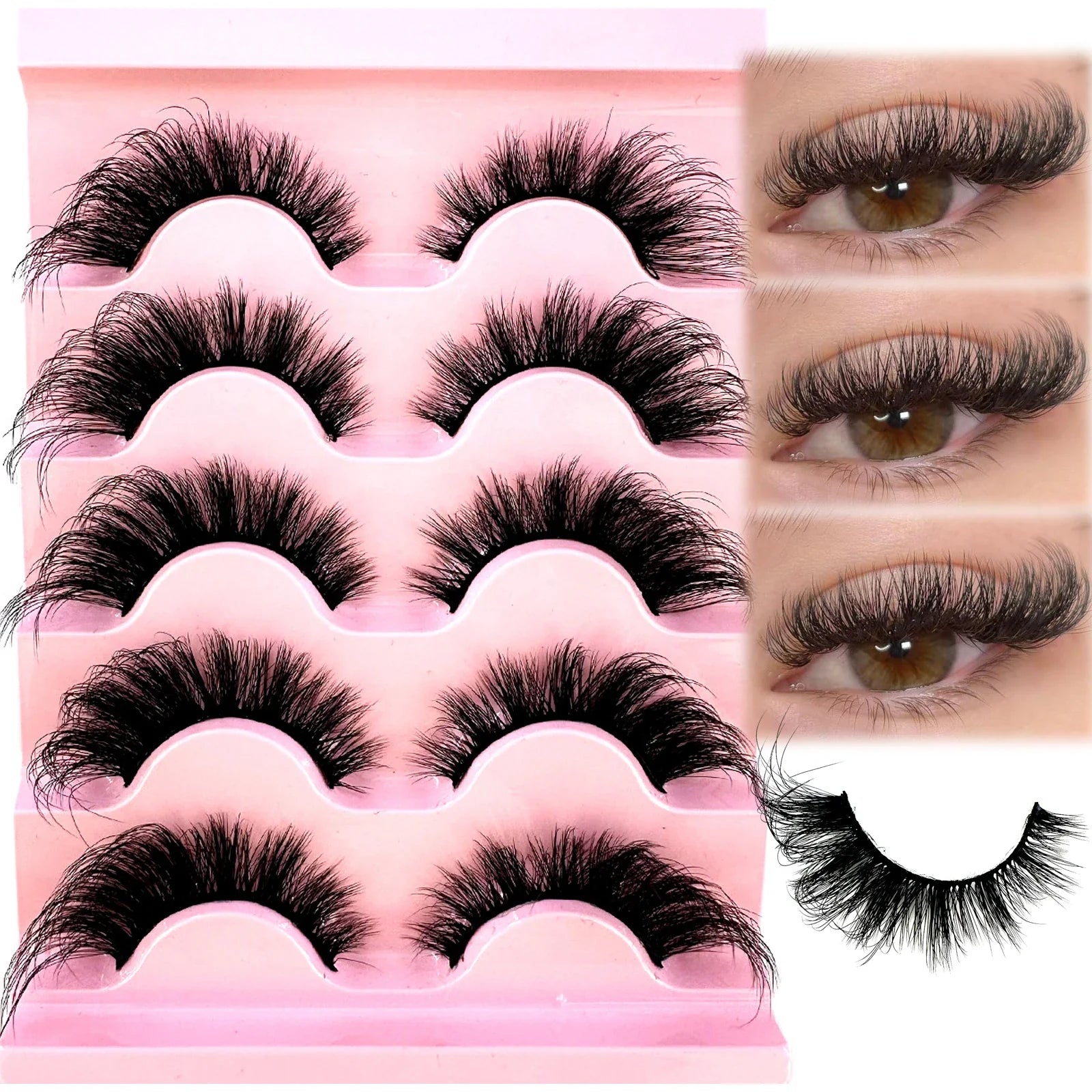 New Cat Eye Lashes 5D Fluffy Faux Mink Lashes 8D Volume Wispy Long Lashes Fake Eyelash Russian Strips 5 Pairs Pack Makeup