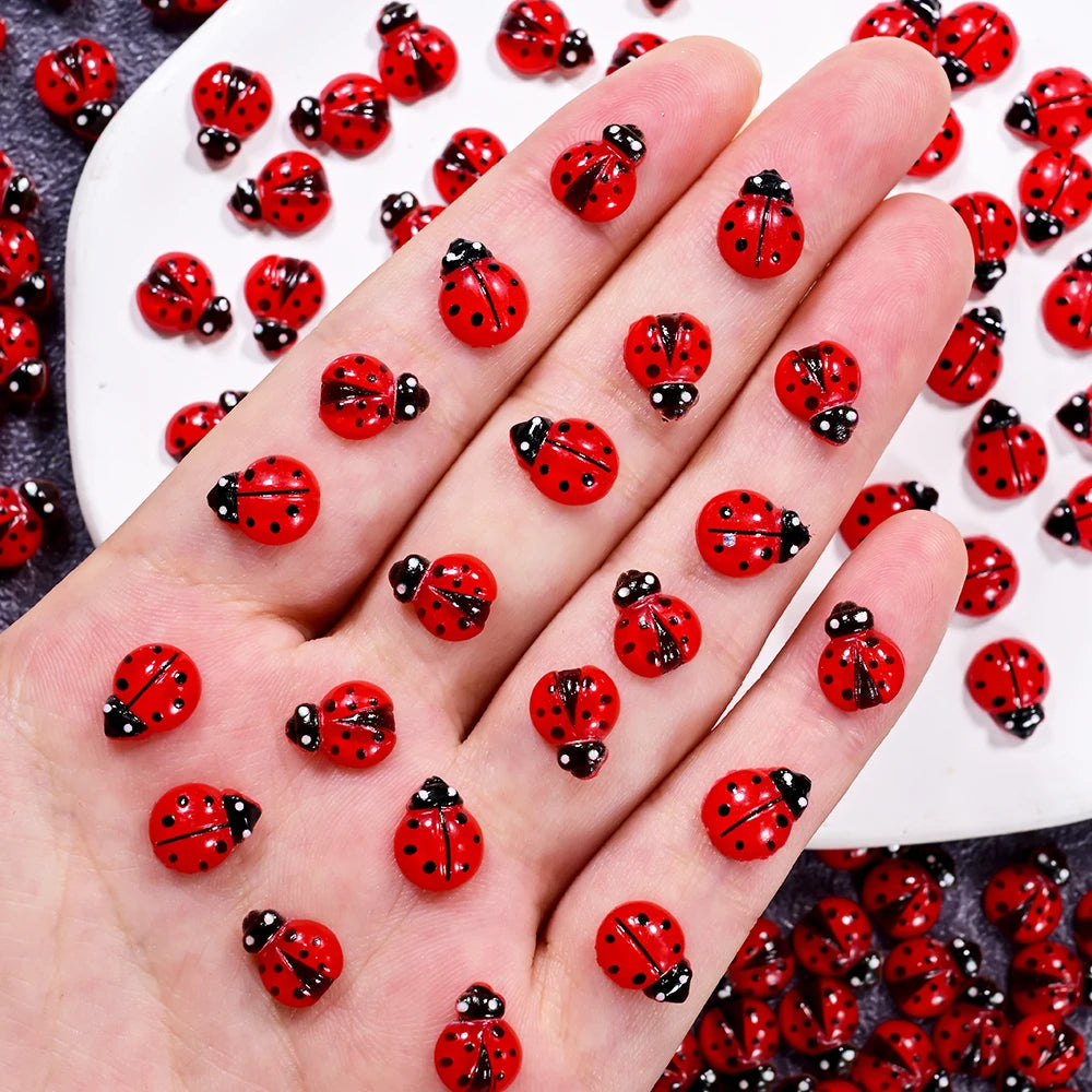 50Pcs Cute Insect Ladybug Nail Charms 3D Resin Ladybugs Nail Art Rhinestones 8*10mm Summer Manicure Decoration Ladybug DIY FT5*