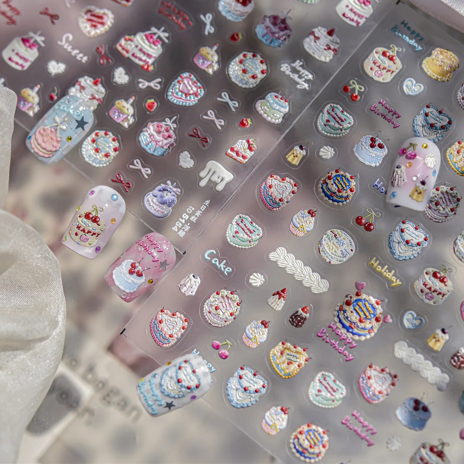 Happy Birthday Cake Stickers For Nails 5D Embossed Nail Sticker 3D Sweet Doughnut Cherry Adhesive Nail Art Decoration Decals DIY