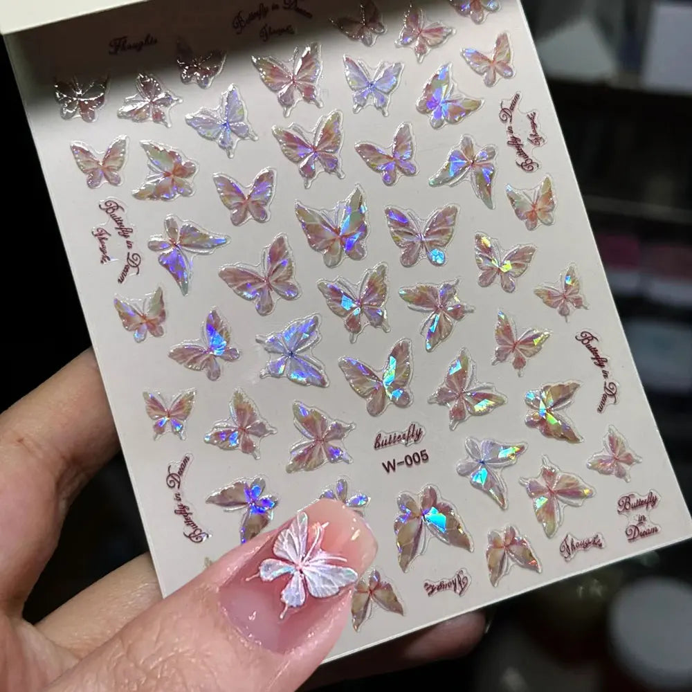Pink Purple Aurora Shell Butterfly Nail Stickers Shiny Laser 3D Butterflies Nail Decals 8*10cm Adhesive Aurora Shell Butterfly N