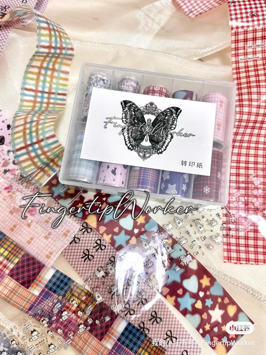 10Rolls Plaid Thousand-Bird Bow Stars Nail Foils Transfer Paper Nail Art Stickers Manicure Set Decal Nails Decoration