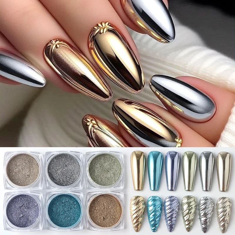 6/12pcs Gold Silver Rose Chrome Nail Powder Luxury Metallic Mirror Glitter Rubbing Pigment Dust Y2K Gorgeous Nail Art Decoration