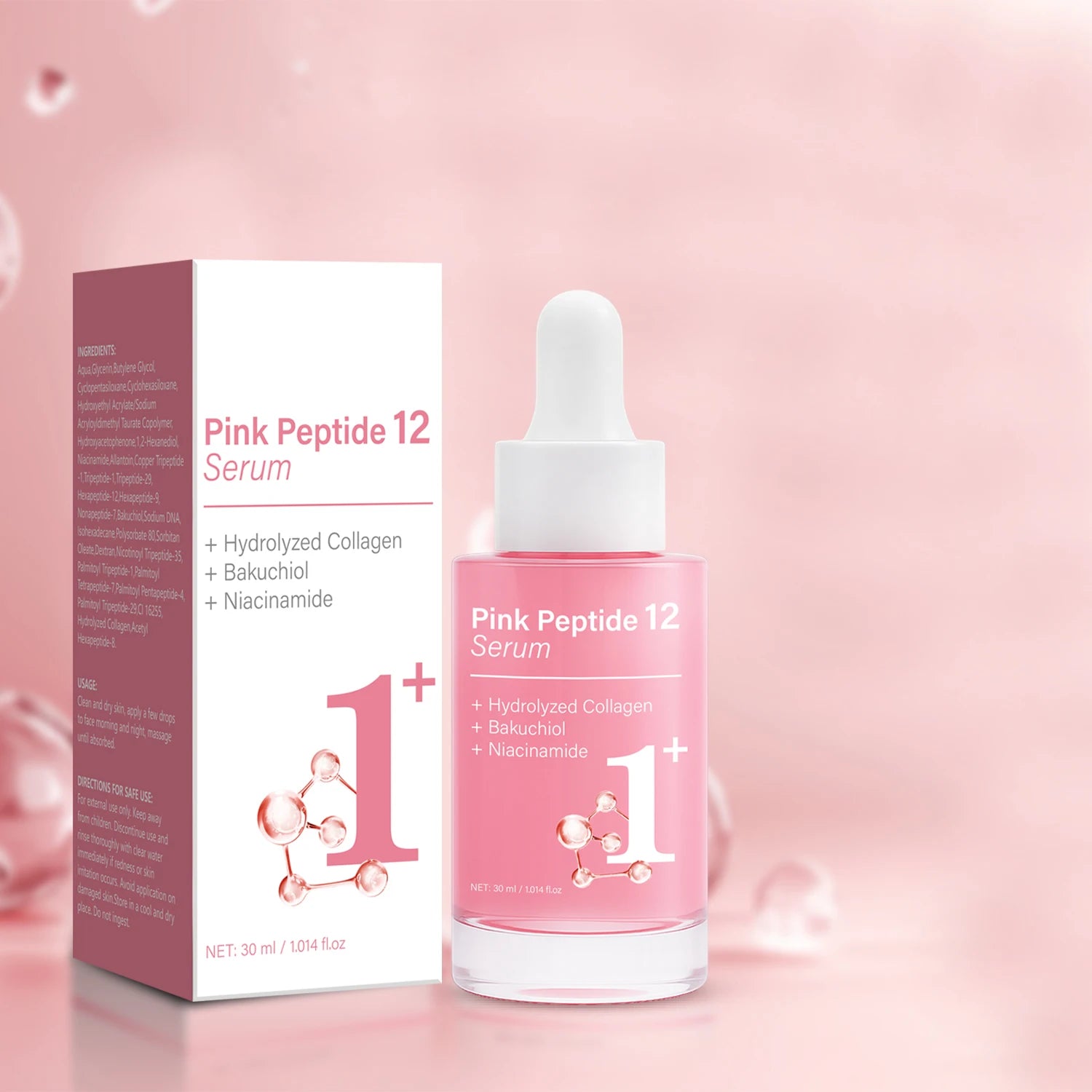Pink Peptide 12 Serum with Bakuchiol & Niacinamide - Anti Aging Face Serum for Women - Hydrating & Firming 30ml