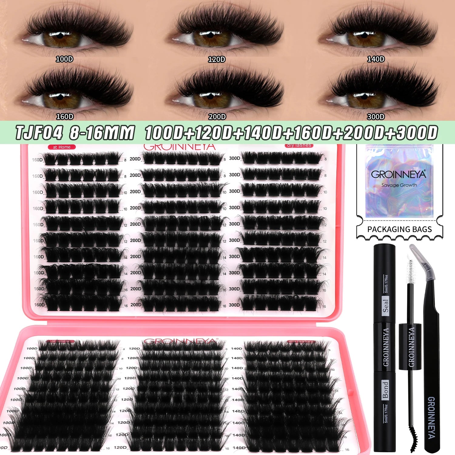 GROINNEYA DIY Lash Clusters Kit Mixed Tray Eyelash Extension Full Set Individual Lashes with Lash Bond&Seal and Tweezers Tool