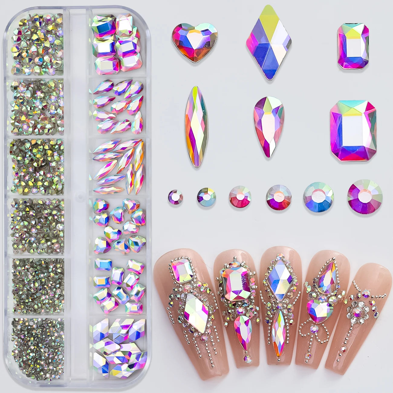 12Grids Pink Mixed Nail Rhinestones Luxury Nail Charms Glitter Crystal Jewelry Gems Nail Art Decoration DIY Manicure Rhinestones