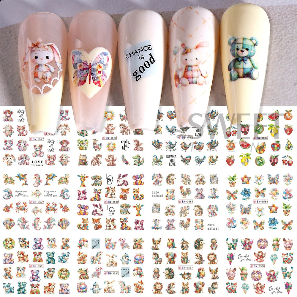 12 Design Ink Flowers Water Transfer Nail Stickers Decals Patchwork Animal Bear Nail Sliders for Women DIY Manicure Decorations