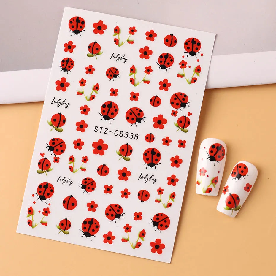 2pcs 3D Cartoon Ladybug Nail Stickers Cute Insect Red Petals Self-Adhesive Manicure Decal Lovely Flower Charms Foils Decor Nails