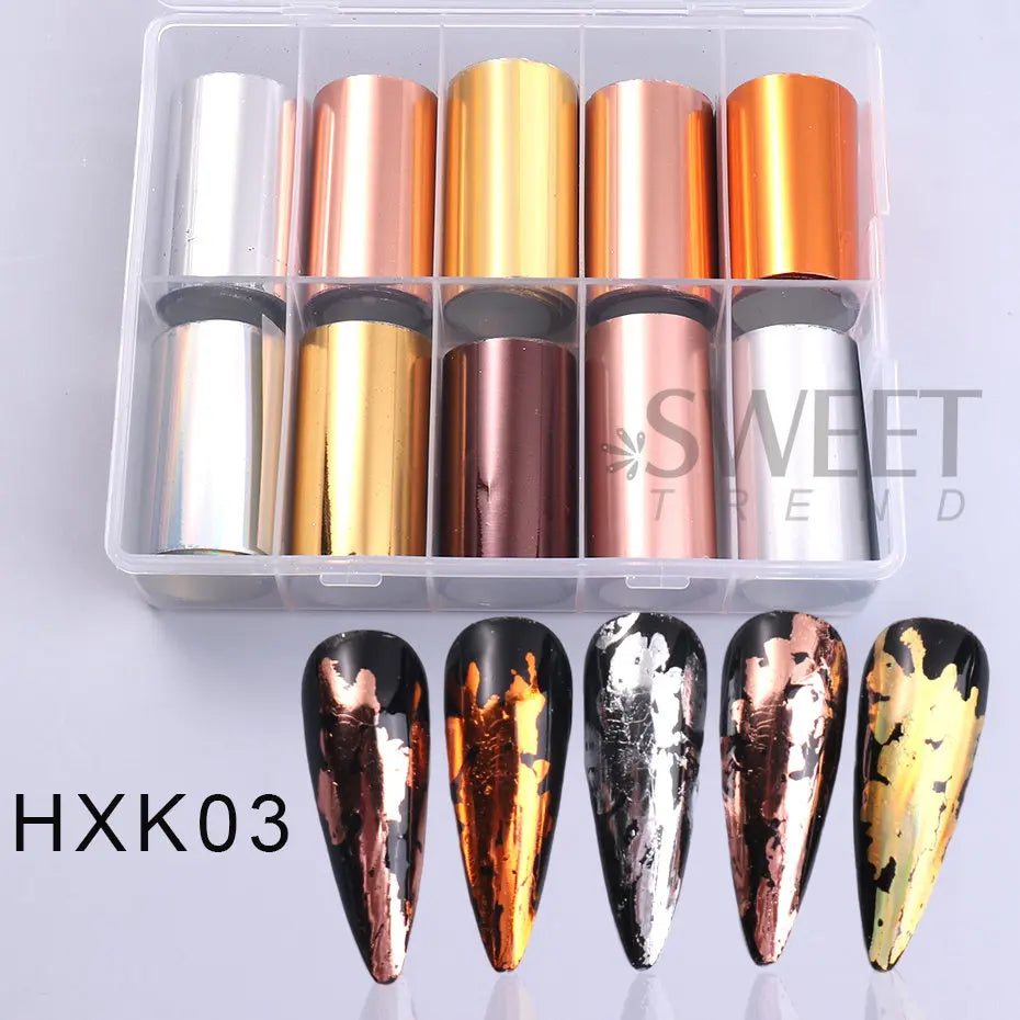 10 Roll/Box Metallic Mirror Nail Foils Holographic Gold Silver Champagne Transfer Stickers DIY Charm Starry Paper Manicure Decor