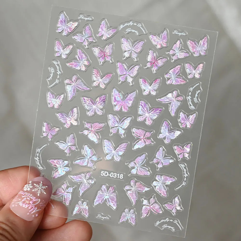 Pink Purple Aurora Shell Butterfly Nail Stickers Shiny Laser 3D Butterflies Nail Decals 8*10cm Adhesive Aurora Shell Butterfly N