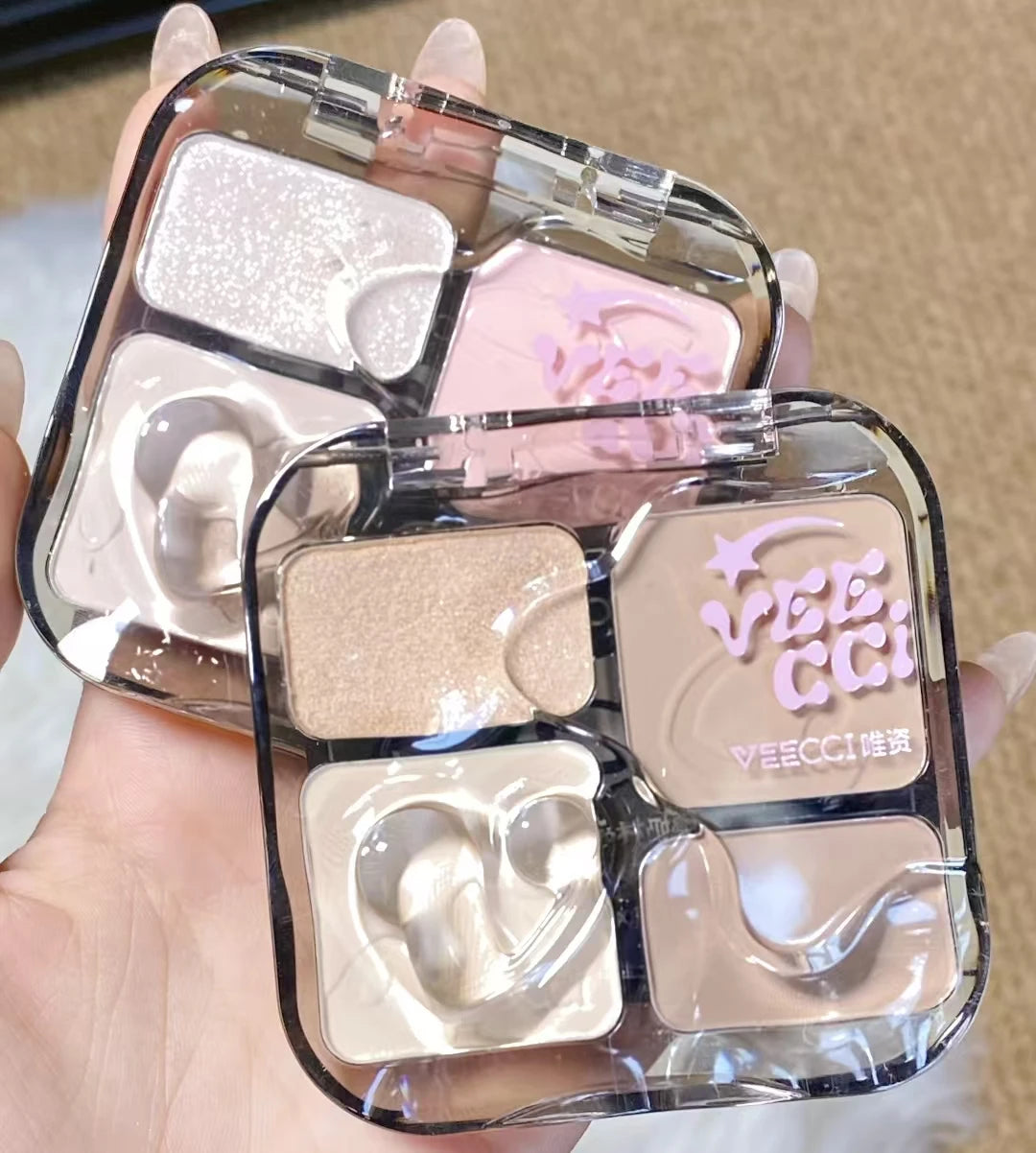 VEECCI 4 Color Contour Palette Powder Matte Shimmer Bronzer Highlighter Brighten Nude Tones Longlasting Facial Makeup