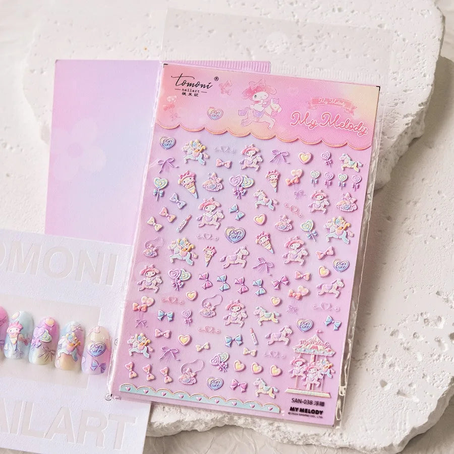 1PCS New Color Laser Hello Kitty Cartoon 5D Nail Stickers Sanrio Cinnamoroll Pochacco Nail Art Supplies DIY Nail Art Stickers