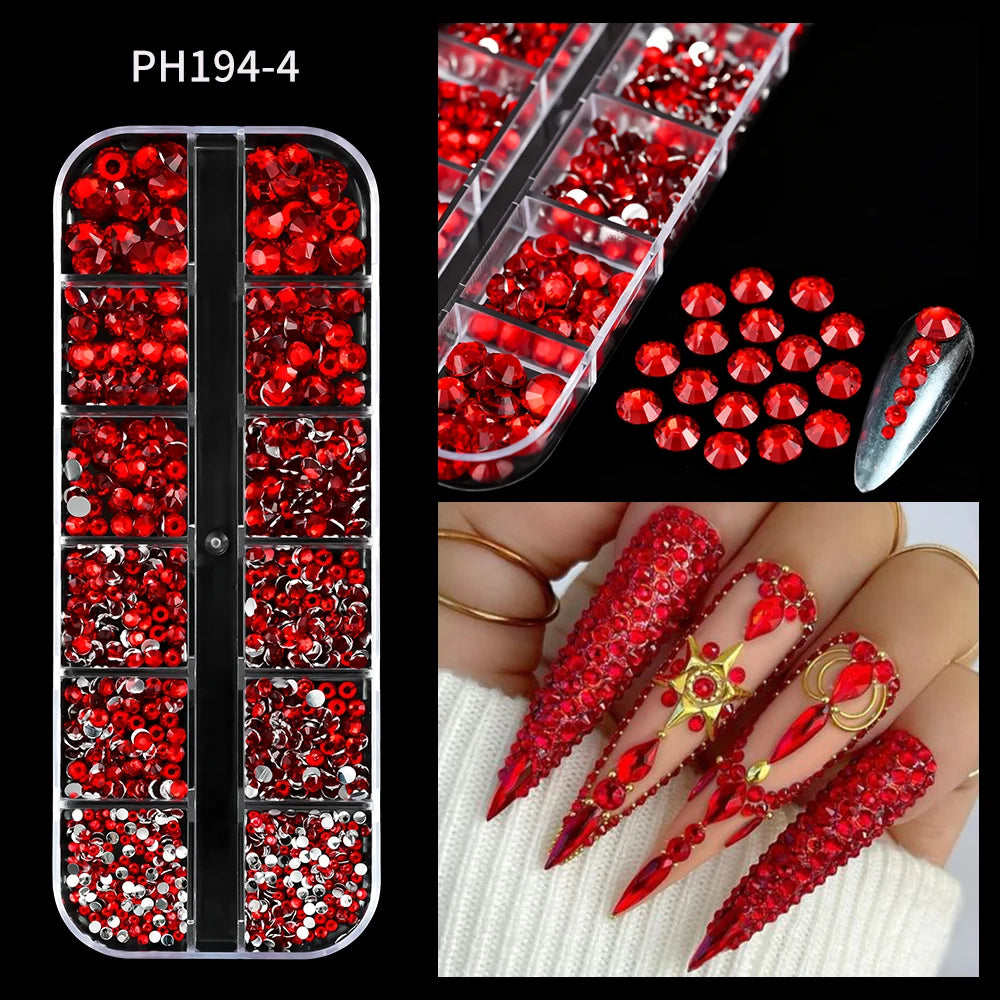12Grids Pink Mixed Nail Rhinestones Luxury Nail Charms Glitter Crystal Jewelry Gems Nail Art Decoration DIY Manicure Rhinestones