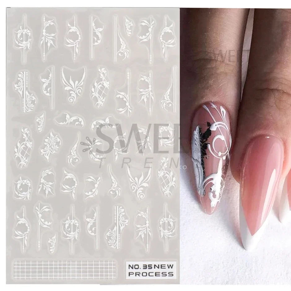 White Lace Flower Nail Art Sticker Acrylic Floral Charm Adhesive Sliders Elegant Wedding Bride Simple Line Design Manicure Decal