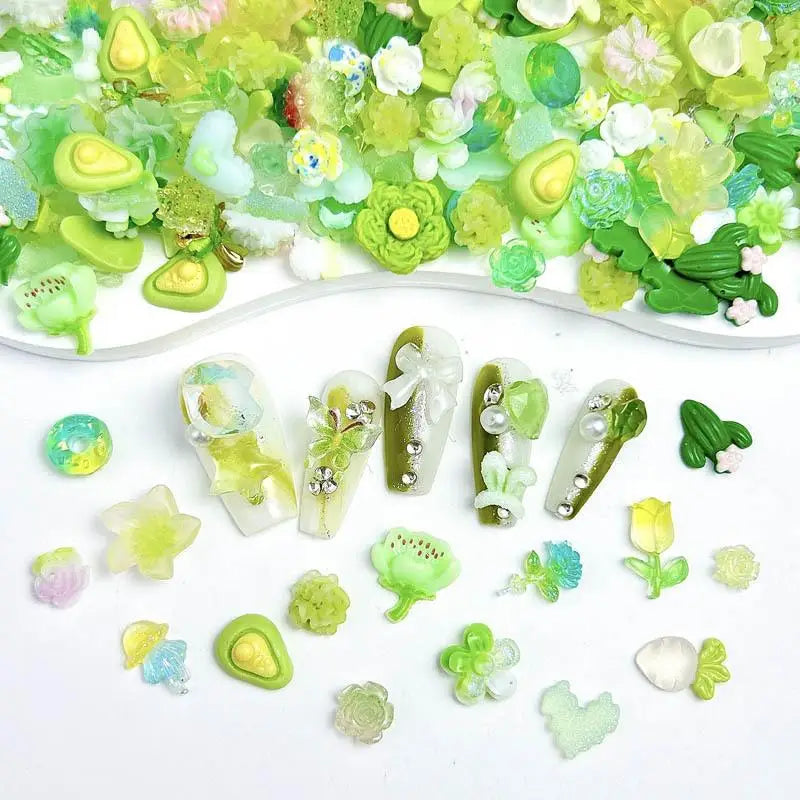 100Pcs Mixed Cute Cartoon Nail Charms 3D Resin Flower Bow Fruit Nail Art Decorations Manicure DIY Phone Case Accessories