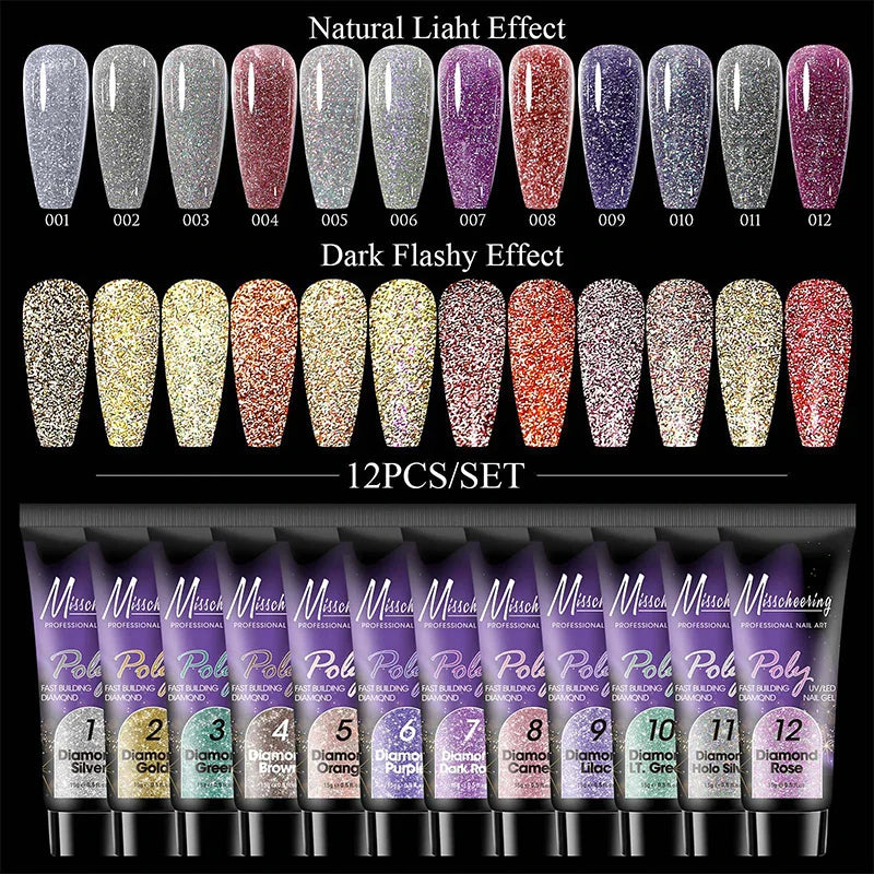 12pcs/set Extension Gel Nail Art Semi Permanent Acrylic Glitter Fluorescent Nude Colorful Fast Building Hybrid Varnish UV Nails