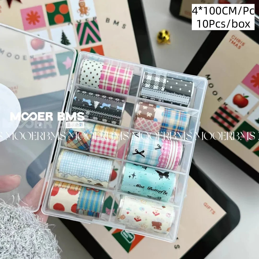 10Rolls Plaid Thousand-Bird Bow Stars Nail Foils Transfer Paper Nail Art Stickers Manicure Set Decal Nails Decoration