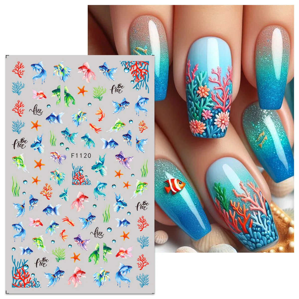 5pcs Summer Ocean Jellyfish Goldfish Mermaid Nail Art Stickers, Art Nail Art Decals, Easy to Apply Nail Decoration, DIY, Gift,