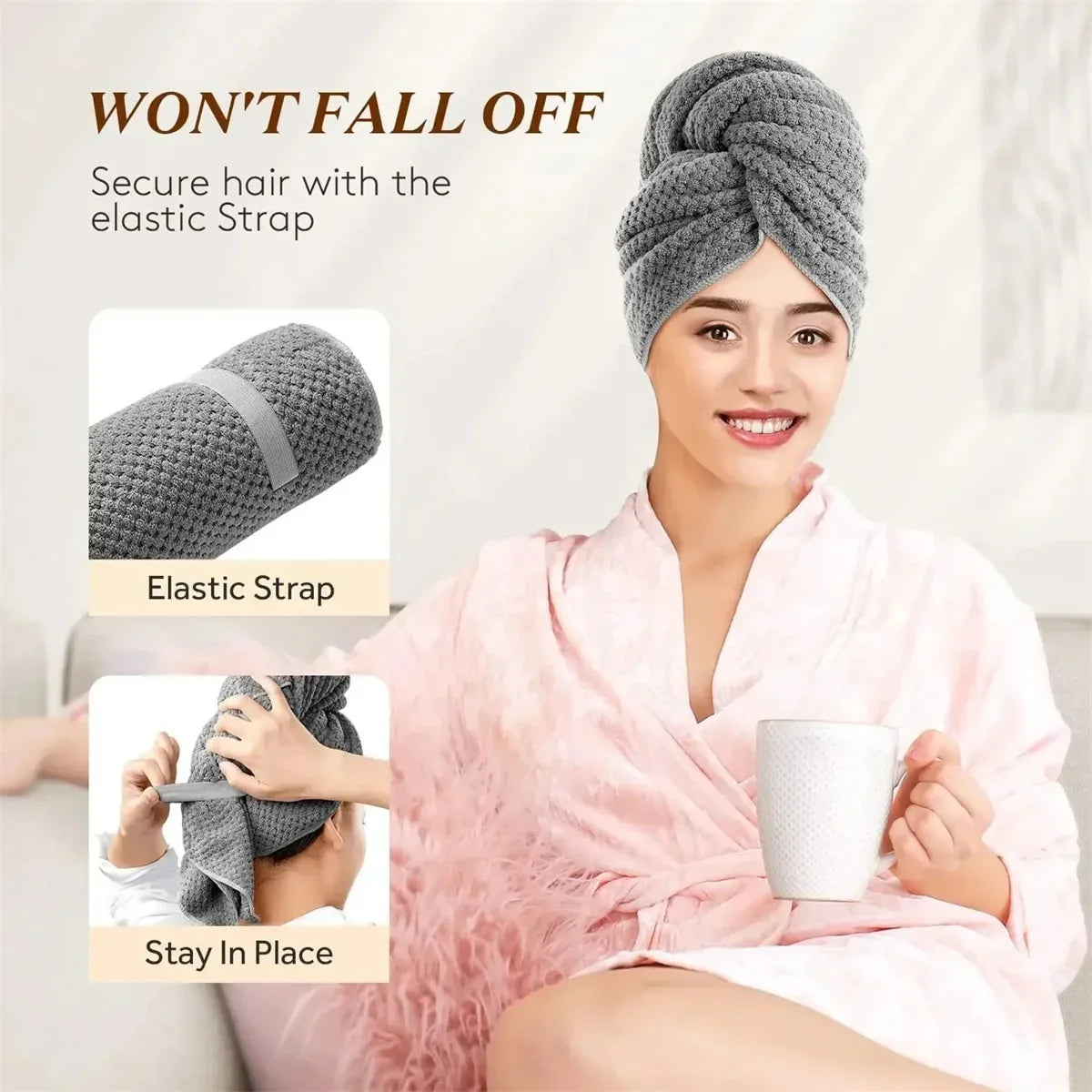 60x100cm Super Absorbent Elastic Band Head Towel for Women's Hair Drying - Extra Large Microfiber Hair Towel Wrap with Headband