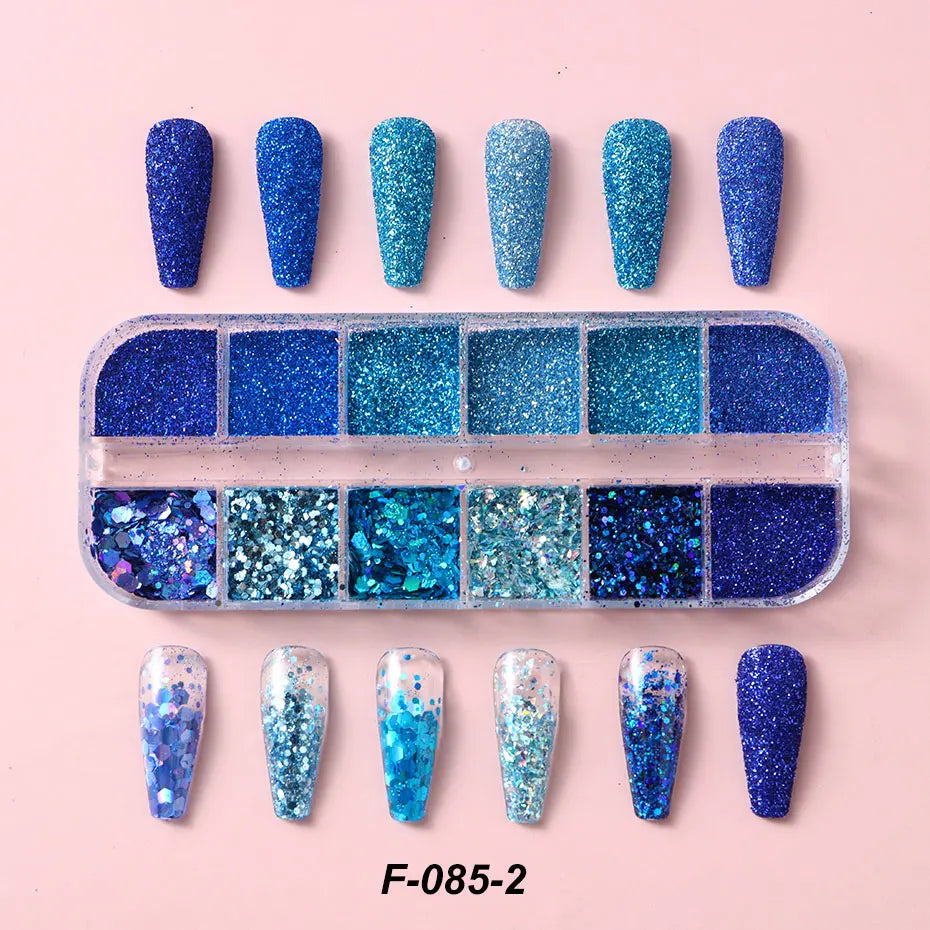 12Grid Royal Blue Mixed Glitter Nail Flakes Holographic Hexagon Irregular Sequins Sliced Sparkly Pigment Powder Manicure Decor