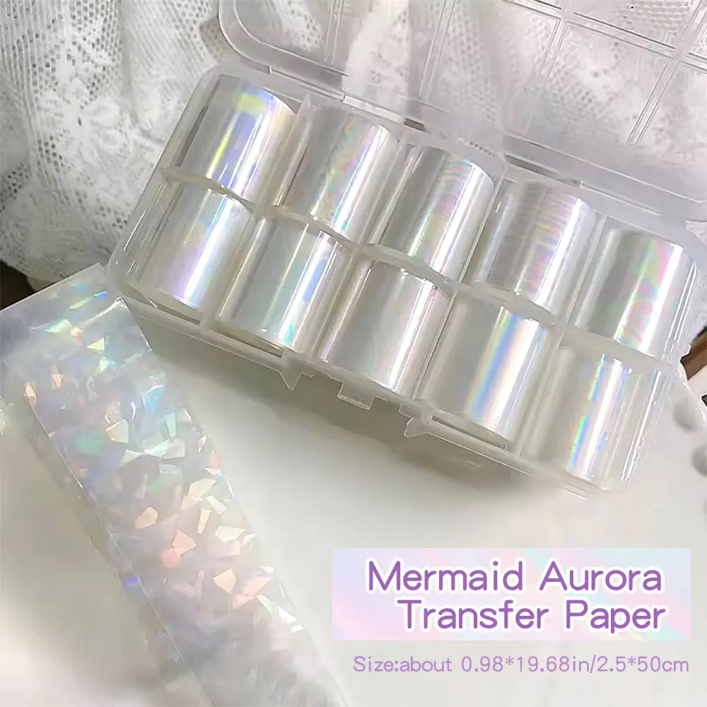 10Rolls Iridescent Mermaid Aurora Nail Transfer Paper 50x4cm Nail Art Foil Adhesive Nail art Decoration DIY Nail Supplies