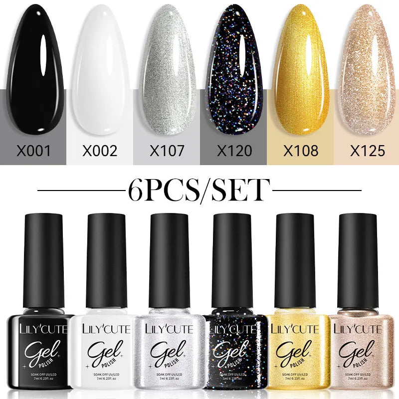 LILYCUTE 6PCs/Set Gel Nail Polish Set Kit Glitter Nail Gel Sequin Vernis Semi Permanent For Manicure Varnish UV LED Nail Art Gel