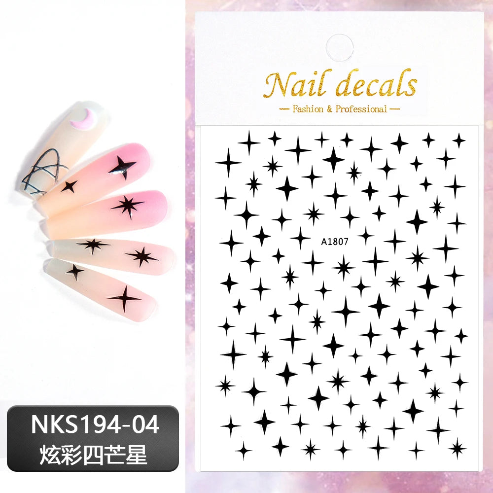 3D Gold Silver Star Nail Art Stickers Black White Crescent Moon Decals Self Adhesive Slider Polish Stickers Manicure Decoration