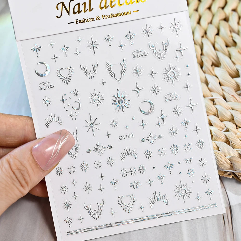 3D Gold/ Silver Star/Sun/Moon Bronzing Nail Art Sticker Laser Star Moon Styles Nail Decal Gold Silver Self-Adhesive Slider 1Pcs