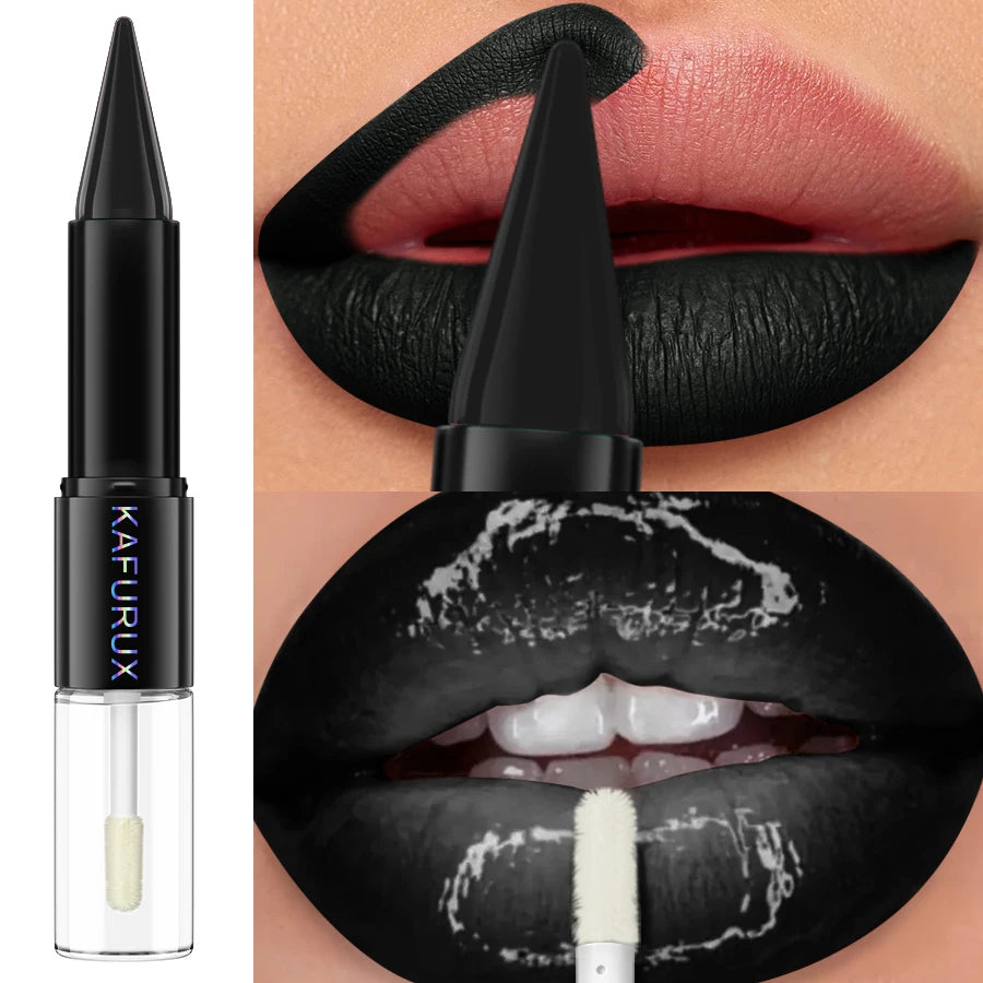 Black Matte 2 In 1 Double Head Lipstick Lip Coat Set Waterproof Coat 24HR Korean Makeup Gifts High Pigment Lip Tint Plumper