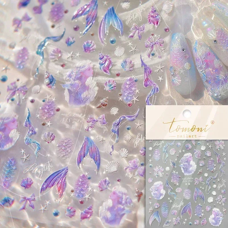 Sea Wave Jellyfish Starfish Conch Shell Dolphin Pearl Summer Beach Goldfish Water Bubble Mermaid Koi INS Nail Art Stickers Decal