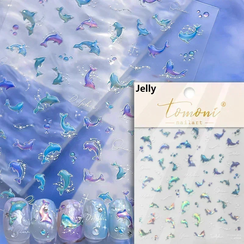 Sea Wave Jellyfish Starfish Conch Shell Dolphin Pearl Summer Beach Goldfish Water Bubble Mermaid Koi INS Nail Art Stickers Decal