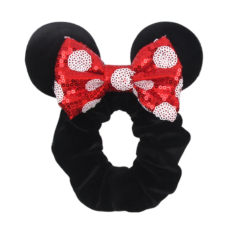 Disney Mouse Ears Velvet Scrunchies Hairband Women Elastic Ponytail Holder Girls Sequin Bow 2023 Kids Party DIY Hair Accessories