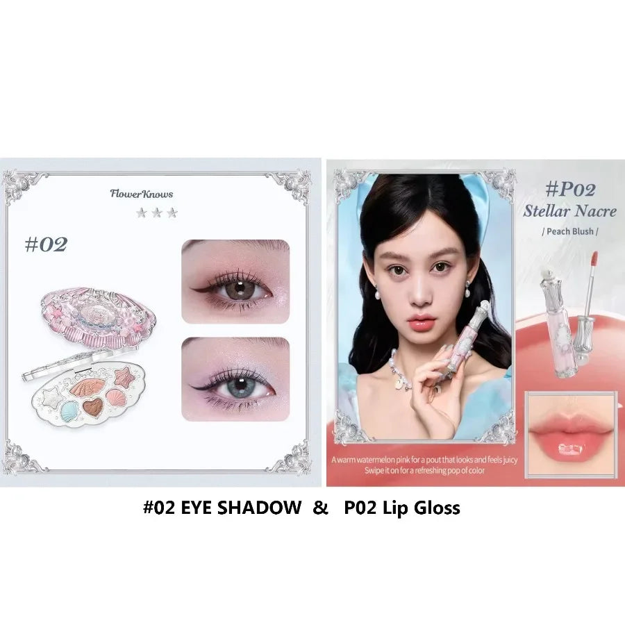 Flower Knows Shells Jewel Makeup Set for Women - Eyeshadow Blush Lip Glaze Full Kit - Gift Set