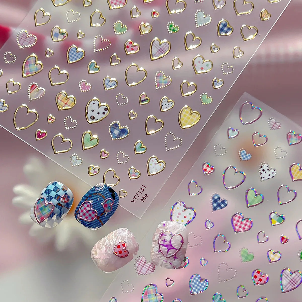 Silver-embossed Heart-shaped Nail Stickers Valentine's Day Colorful Checkered Nails Art Sticker Decorations DIY 3D Nails Decals