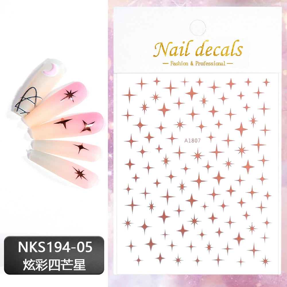 3D Gold Silver Star Nail Art Stickers Black White Crescent Moon Decals Self Adhesive Slider Polish Stickers Manicure Decoration