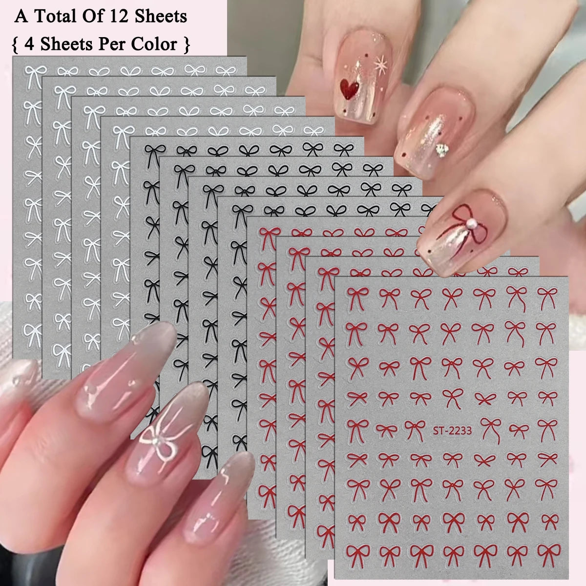 2 to 30 Sheets 3D Bow Nail Art Stickers, Mini Ribbon Outline Decals, Transparent Self-Adhesive Cute Design for DIY Manicure