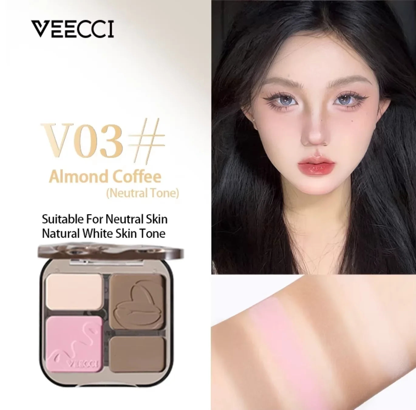 VEECCI 4 Color Contour Palette Powder Matte Shimmer Bronzer Highlighter Brighten Nude Tones Longlasting Facial Makeup