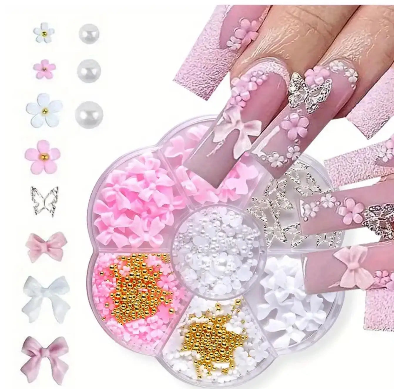1 Box Pink White Series Bow Heart Nail Charms 3D Arcylic Nail Art Decorations Pearl 5-petal Flower Jewelry Manicure Accessories*